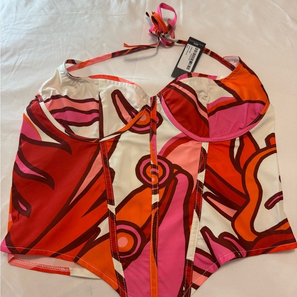 PrettyLittleThing Pink Red Orange Abstract Print Corsette